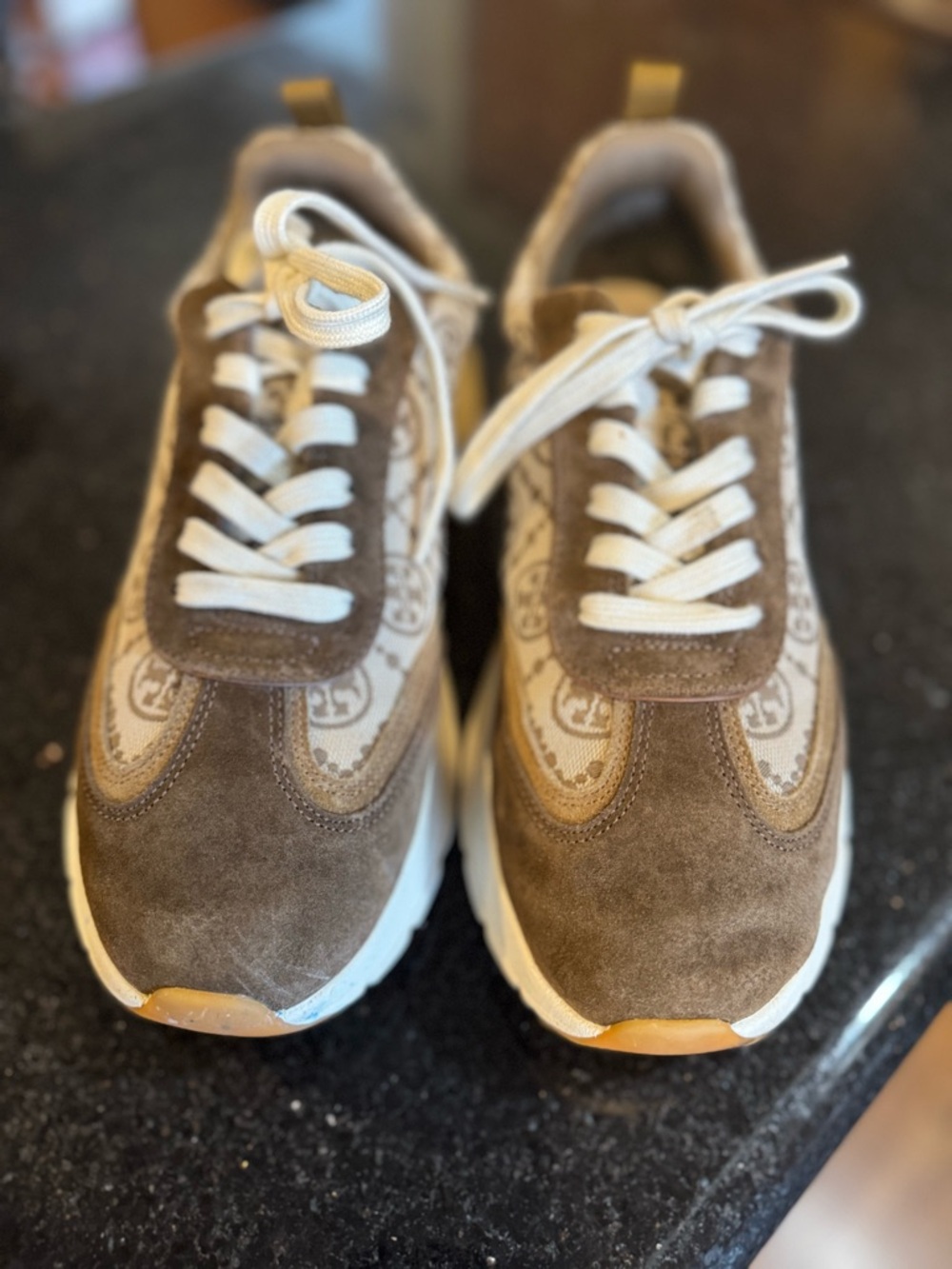 Tory Burch Brown and Cream Suede Logo Panel Sneakers